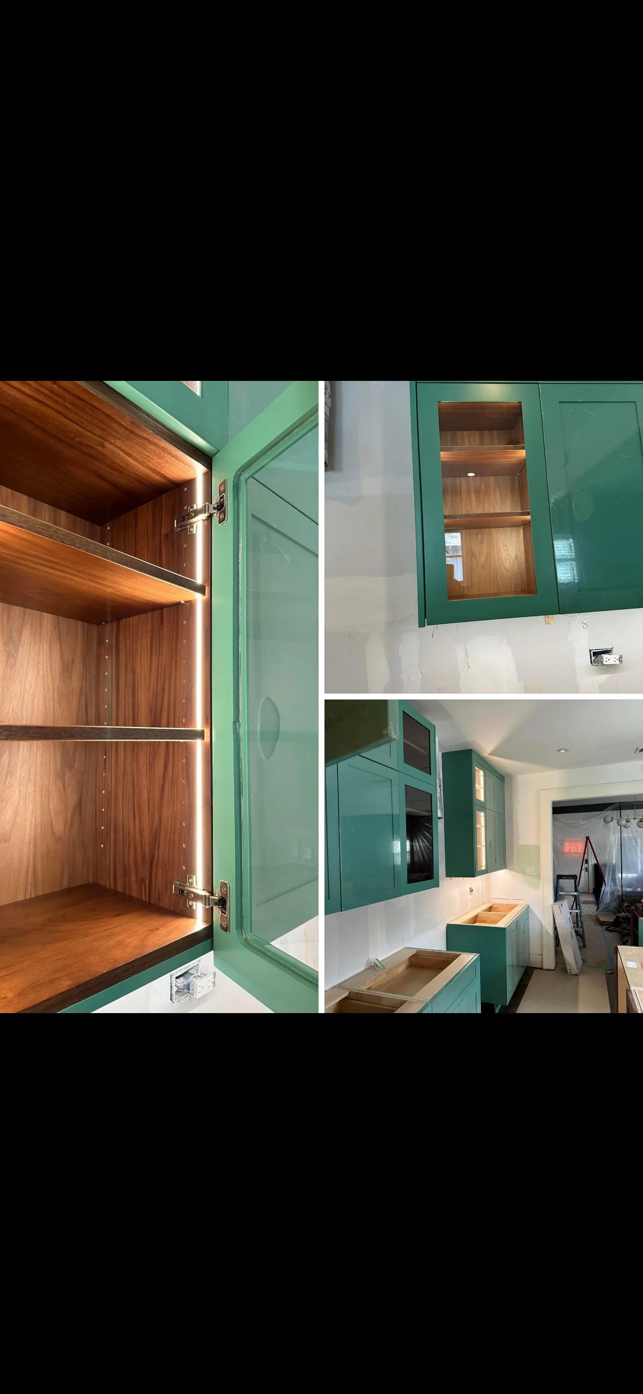 Emerald green custom kitchen cabinetry with walnut interiors and integrated lighting